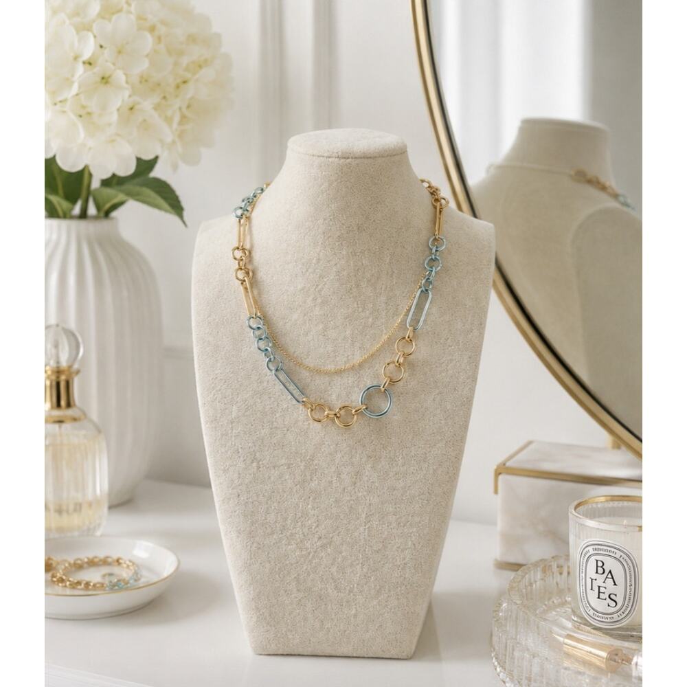 Pomina Gold Blue Metallic Layered Link Necklace New